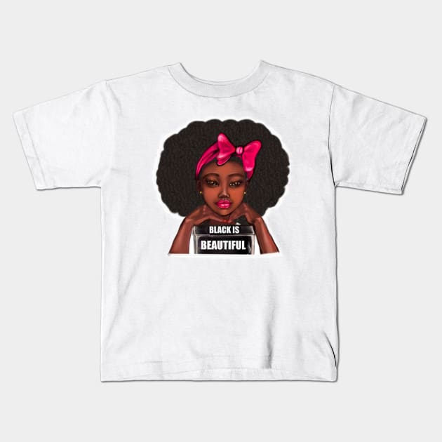 Black is beautiful girl with Afro hair and pink bow, brown eyes, thick lips and dark brown skin Kids T-Shirt by Artonmytee